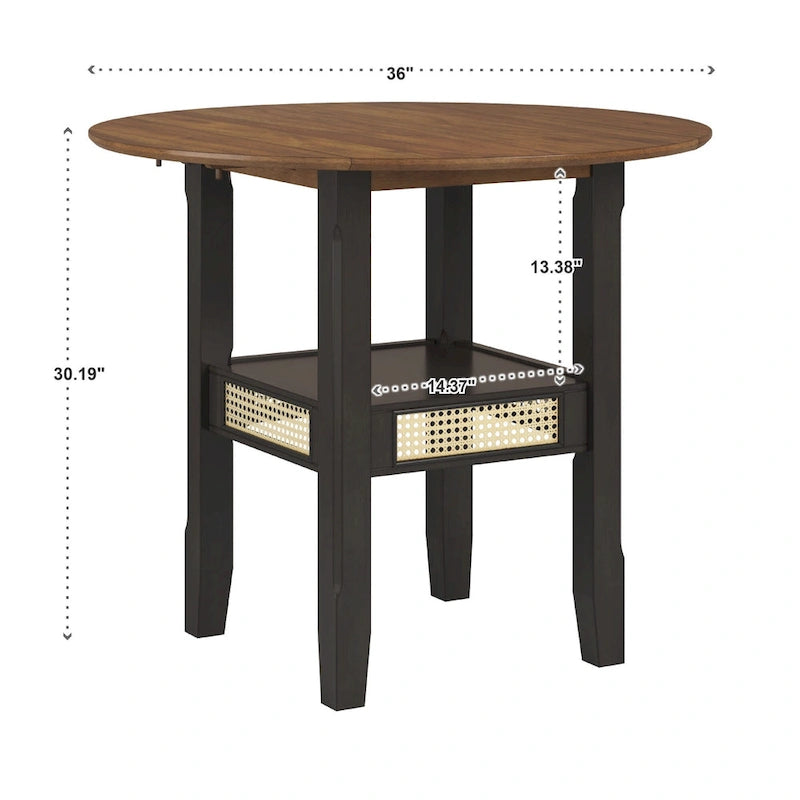 Table de salle à manger ronde à abattants, avec incrustations de cannage, coloris noir/blanc/chêne antique, 2 places
