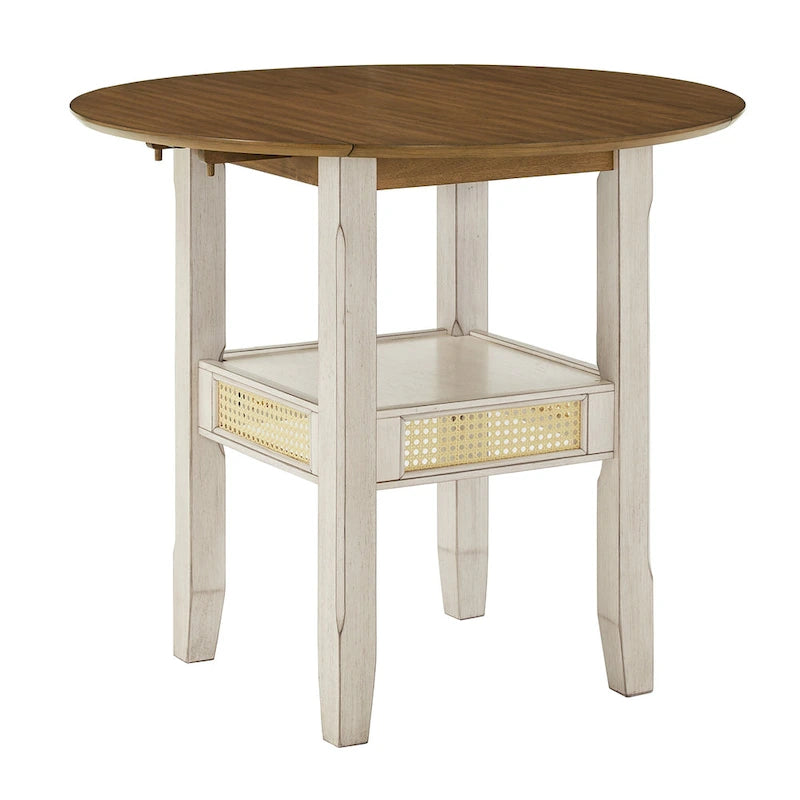 Table de salle à manger ronde à abattants, avec incrustations de cannage, coloris noir/blanc/chêne antique, 2 places