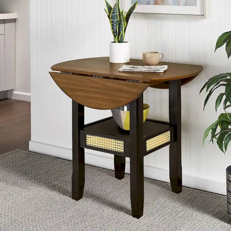 Table de salle à manger ronde à abattants, avec incrustations de cannage, coloris noir/blanc/chêne antique, 2 places