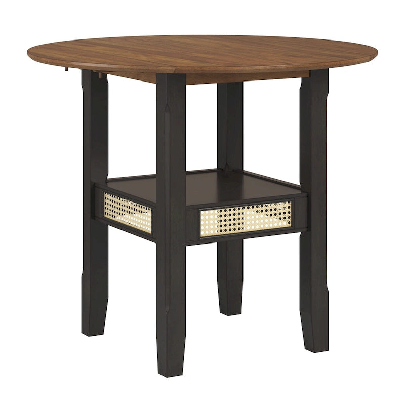 Table de salle à manger ronde à abattants, avec incrustations de cannage, coloris noir/blanc/chêne antique, 2 places