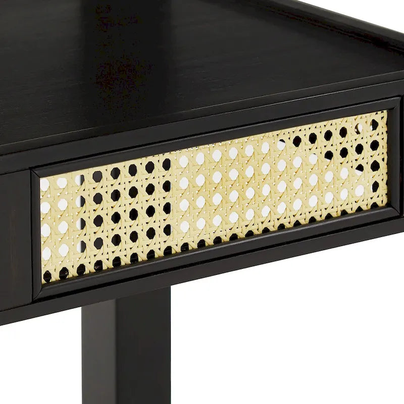 Table de salle à manger ronde à abattants, avec incrustations de cannage, coloris noir/blanc/chêne antique, 2 places