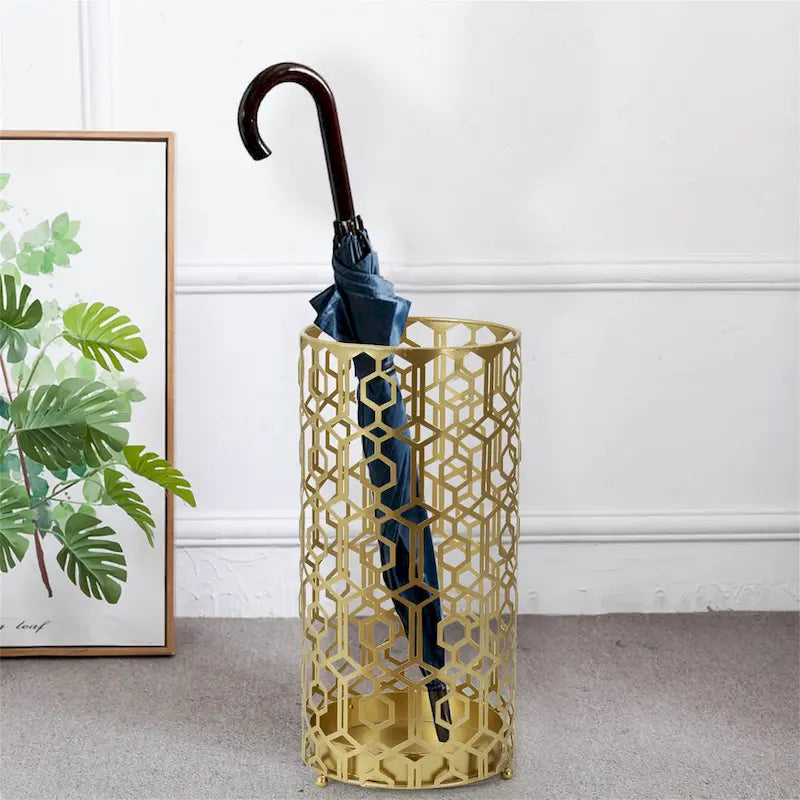 Porte-parapluies/table d'appoint en métal champagne à tissage ouvert, à usage unique