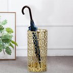 Porte-parapluies/table d'appoint en métal champagne à tissage ouvert, à usage unique