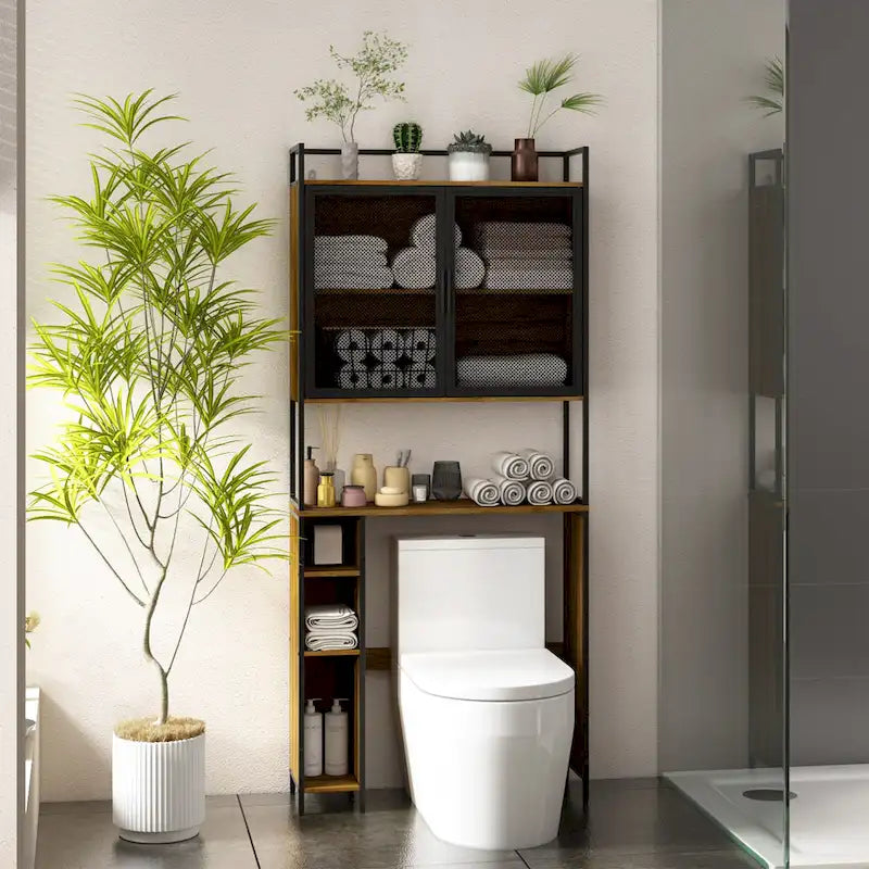 Meuble de rangement pour WC en noyer, modèle simple, avec porte grillagée