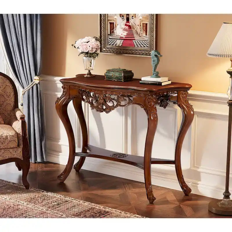 Table console sculptée à deux niveaux en merisier