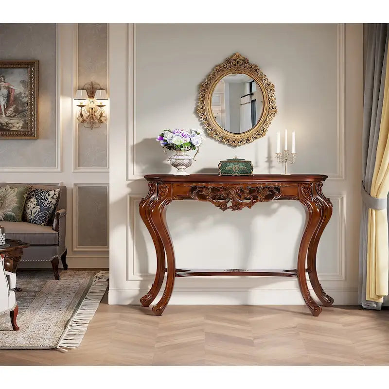 Table console sculptée à deux niveaux en merisier