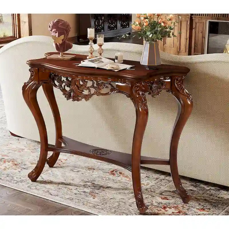 Table console sculptée à deux niveaux en merisier