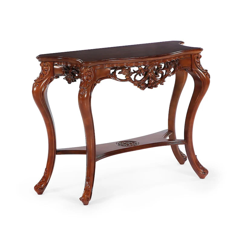 Table console sculptée à deux niveaux en merisier