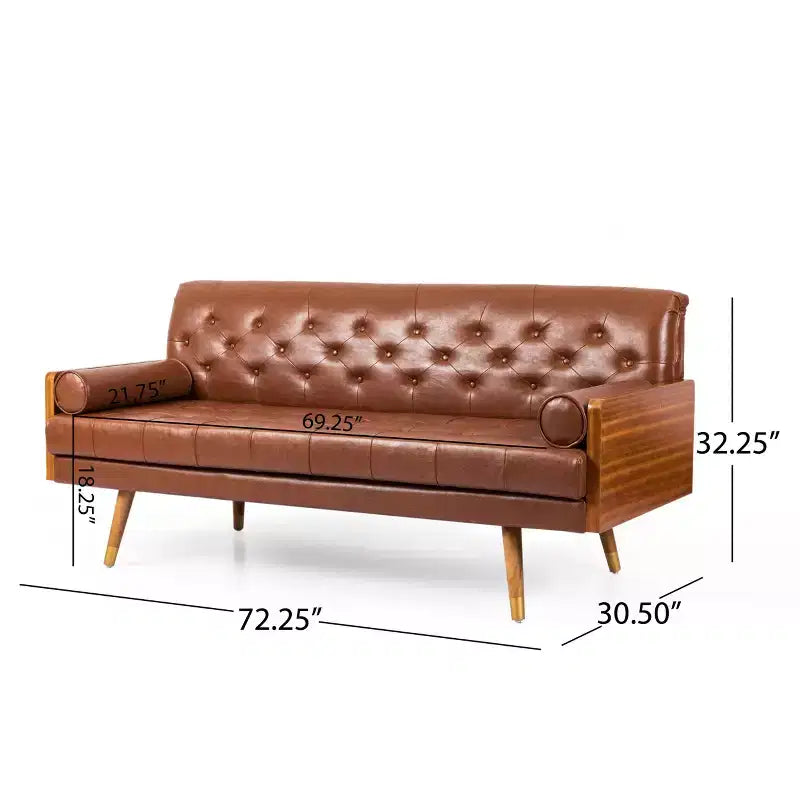 Christopher Knight Home Jalon Canapé trois places capitonné en similicuir avec coussins cylindriques, marron cognac/noyer foncé