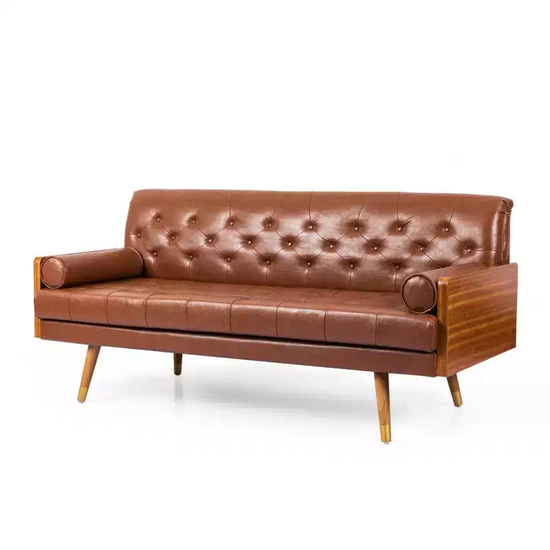 Christopher Knight Home Jalon Canapé trois places capitonné en similicuir avec coussins cylindriques, marron cognac/noyer foncé