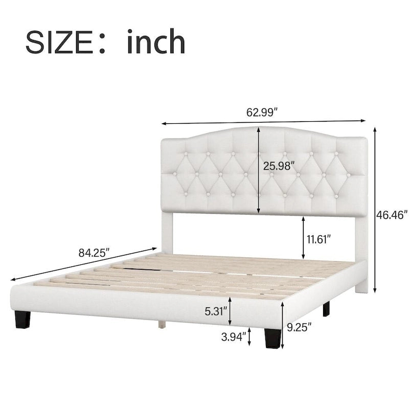 Lit plateforme rembourré beige, tête de lit incurvée en selle, capitonné en losange, Queen/King