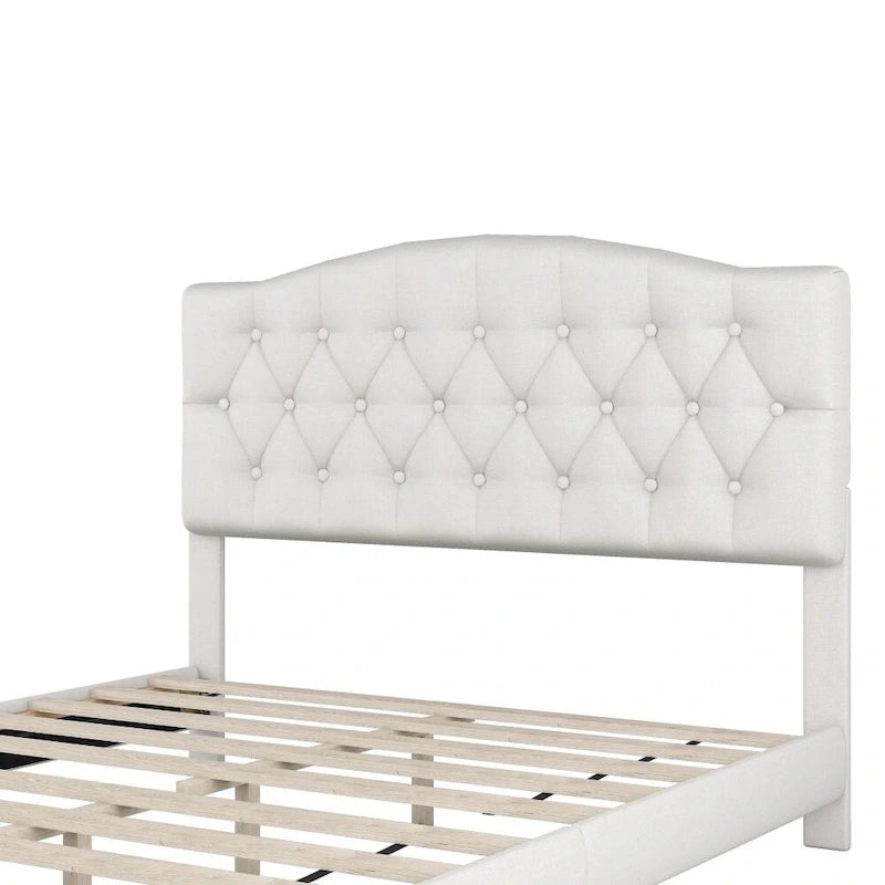 Lit plateforme rembourré beige, tête de lit incurvée en selle, capitonné en losange, Queen/King
