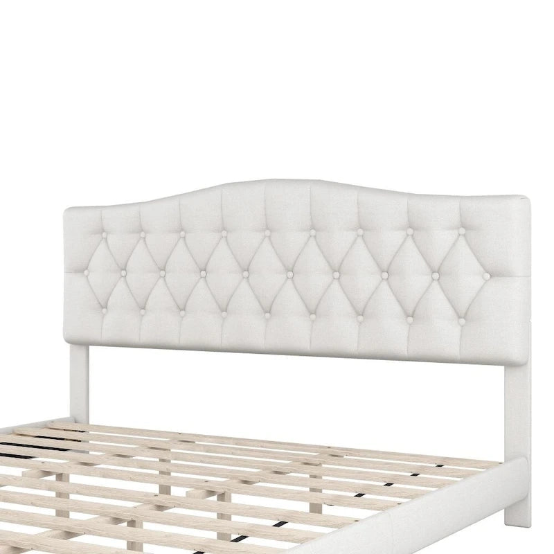Lit plateforme rembourré beige, tête de lit incurvée en selle, capitonné en losange, Queen/King