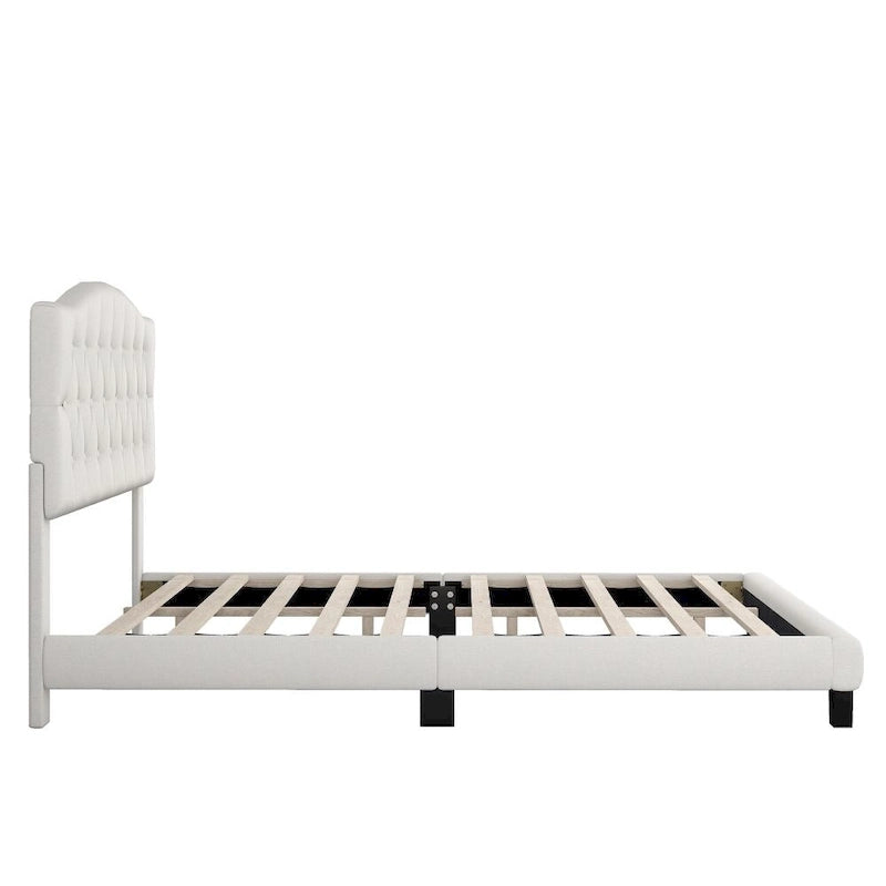 Lit plateforme rembourré beige, tête de lit incurvée en selle, capitonné en losange, Queen/King