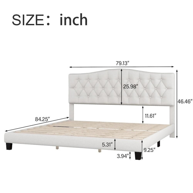 Lit plateforme rembourré beige, tête de lit incurvée en selle, capitonné en losange, Queen/King