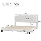 Lit plateforme rembourré beige, tête de lit incurvée en selle, capitonné en losange, Queen/King