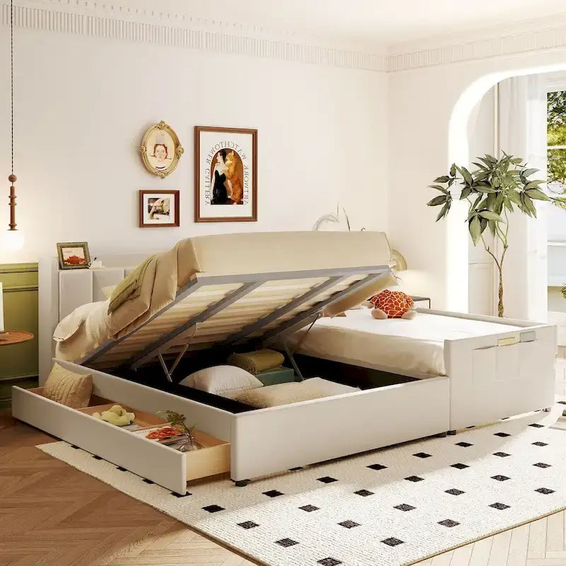 Lit Plateforme En Similicuir Beige/Gris Avec Rangement, Mère et Enfant, 2 Personnes