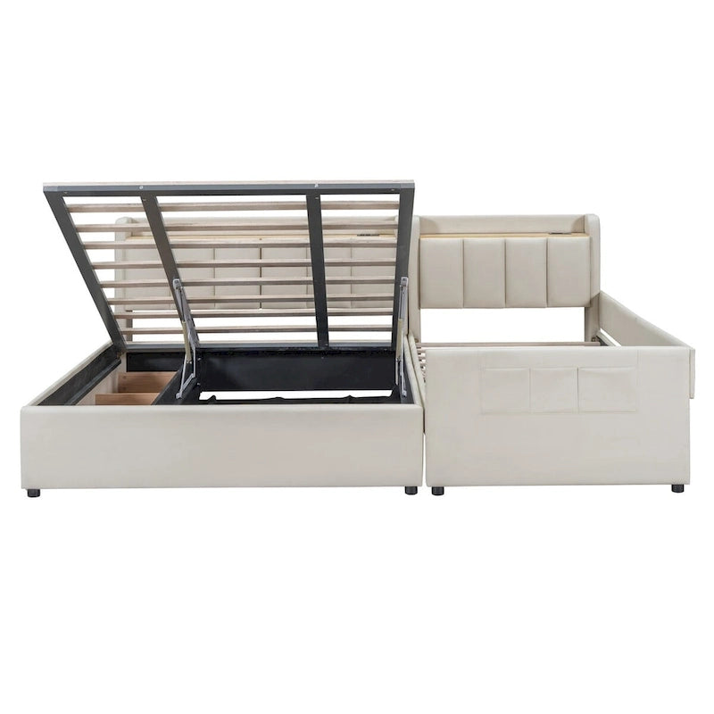 Lit Plateforme En Similicuir Beige/Gris Avec Rangement, Mère et Enfant, 2 Personnes