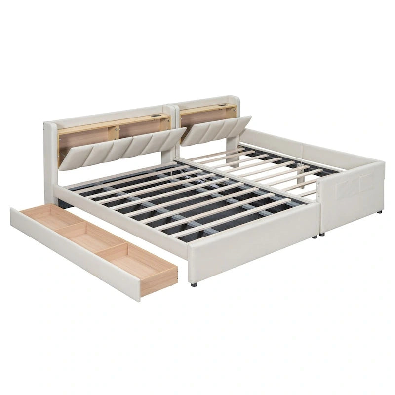 Lit Plateforme En Similicuir Beige/Gris Avec Rangement, Mère et Enfant, 2 Personnes