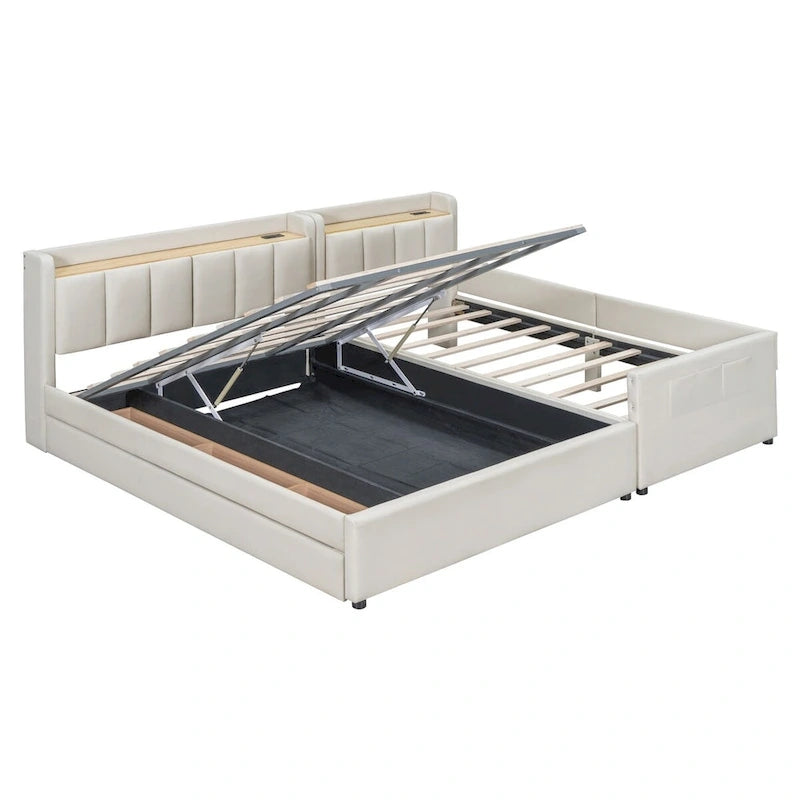 Lit Plateforme En Similicuir Beige/Gris Avec Rangement, Mère et Enfant, 2 Personnes