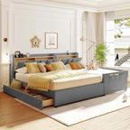 Lit Plateforme En Similicuir Beige/Gris Avec Rangement, Mère et Enfant, 2 Personnes