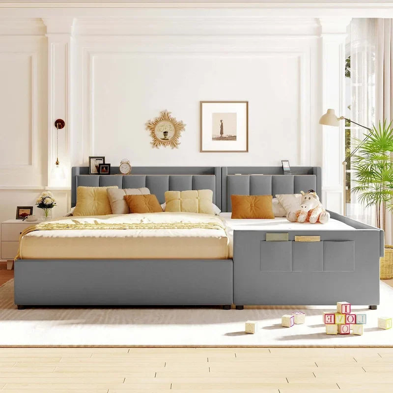 Lit Plateforme En Similicuir Beige/Gris Avec Rangement, Mère et Enfant, 2 Personnes