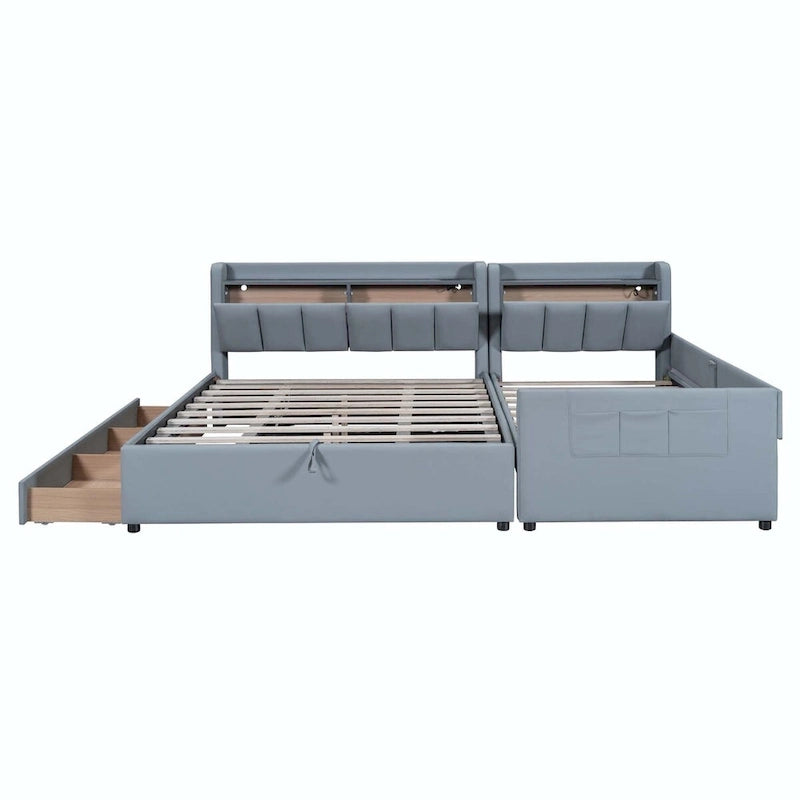 Lit Plateforme En Similicuir Beige/Gris Avec Rangement, Mère et Enfant, 2 Personnes