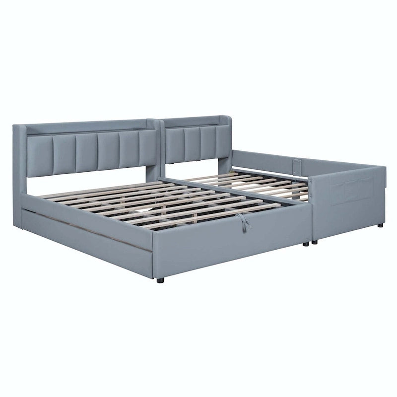 Lit Plateforme En Similicuir Beige/Gris Avec Rangement, Mère et Enfant, 2 Personnes