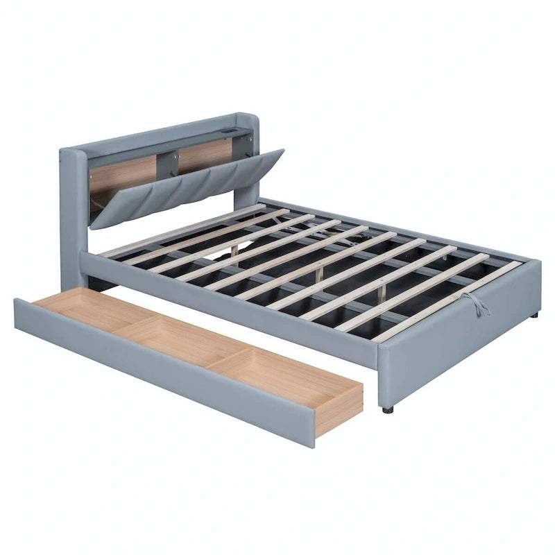 Lit Plateforme En Similicuir Beige/Gris Avec Rangement, Mère et Enfant, 2 Personnes