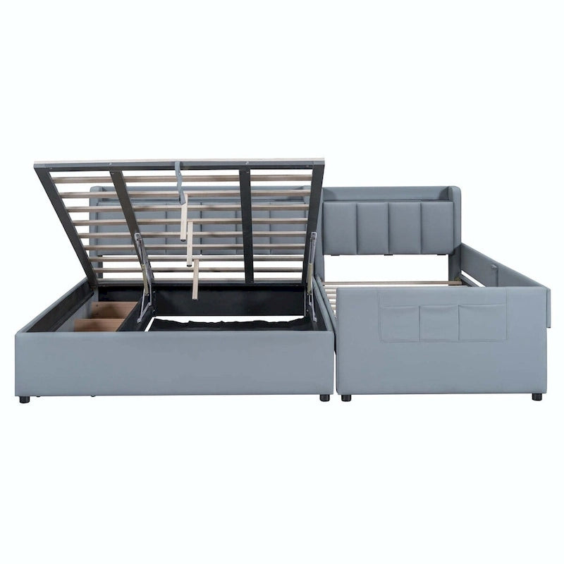 Lit Plateforme En Similicuir Beige/Gris Avec Rangement, Mère et Enfant, 2 Personnes