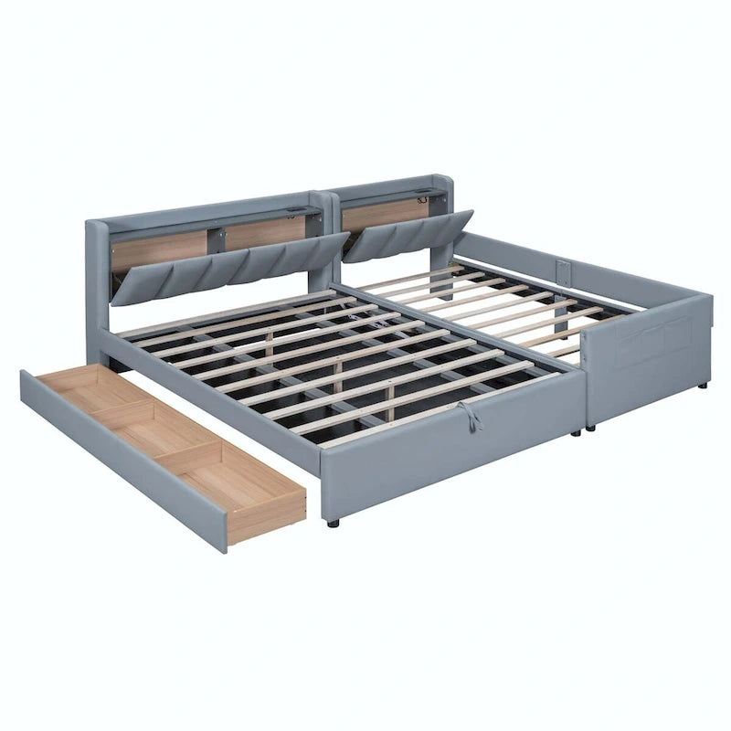 Lit Plateforme En Similicuir Beige/Gris Avec Rangement, Mère et Enfant, 2 Personnes