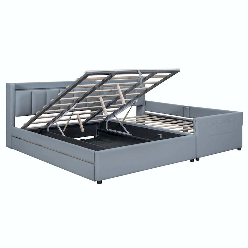Lit Plateforme En Similicuir Beige/Gris Avec Rangement, Mère et Enfant, 2 Personnes