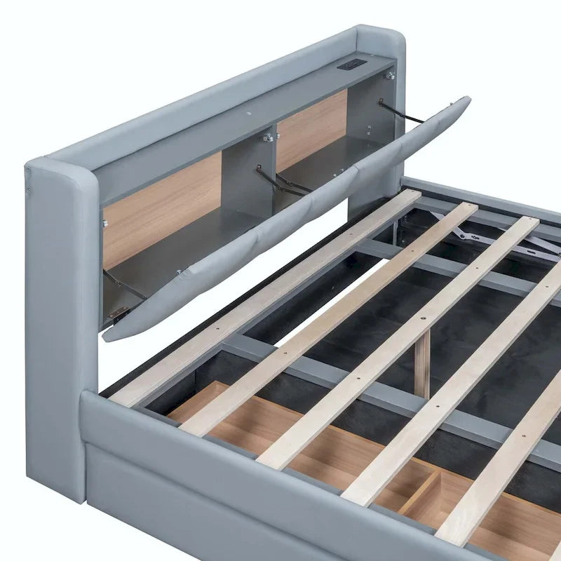 Lit Plateforme En Similicuir Beige/Gris Avec Rangement, Mère et Enfant, 2 Personnes