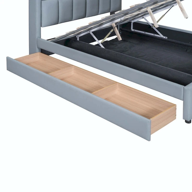 Lit Plateforme En Similicuir Beige/Gris Avec Rangement, Mère et Enfant, 2 Personnes