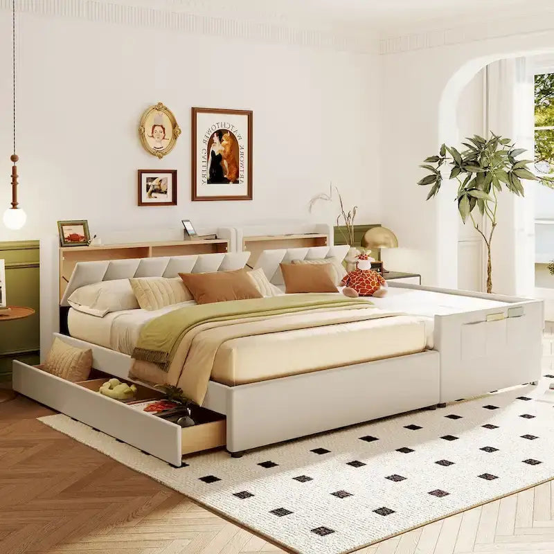 Lit Plateforme En Similicuir Beige/Gris Avec Rangement, Mère et Enfant, 2 Personnes