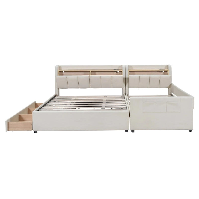 Lit Plateforme En Similicuir Beige/Gris Avec Rangement, Mère et Enfant, 2 Personnes