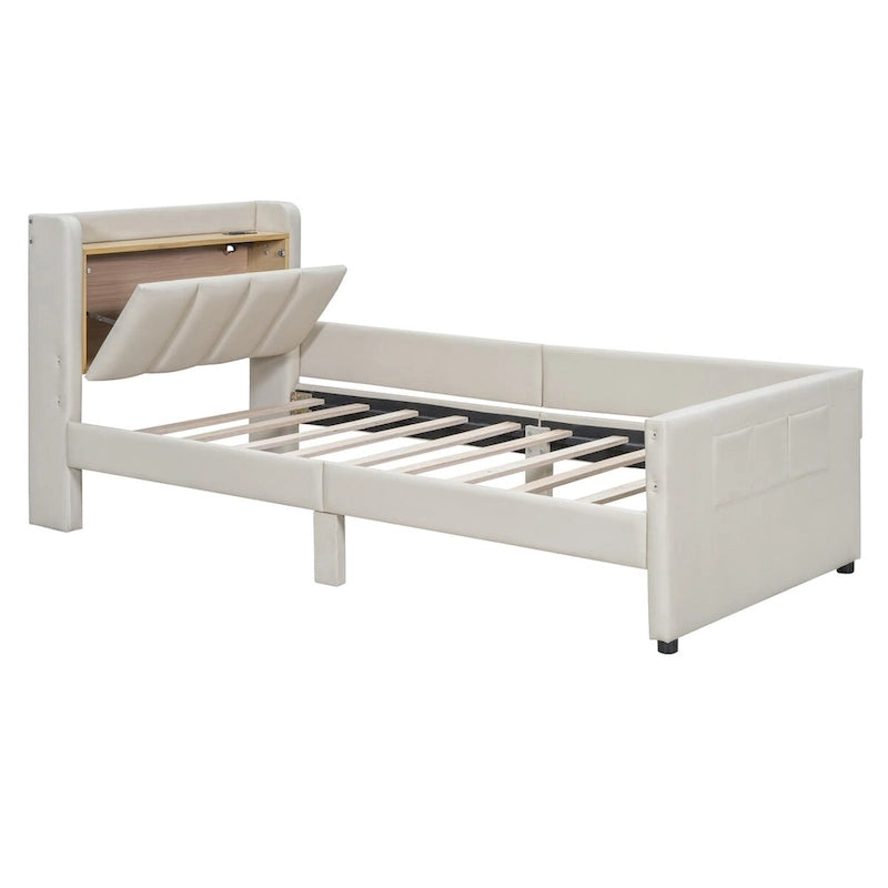 Lit Plateforme En Similicuir Beige/Gris Avec Rangement, Mère et Enfant, 2 Personnes
