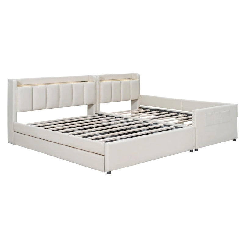 Lit Plateforme En Similicuir Beige/Gris Avec Rangement, Mère et Enfant, 2 Personnes