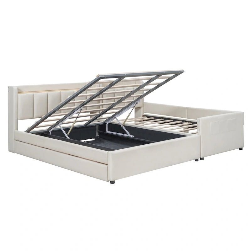 Lit Plateforme En Similicuir Beige/Gris Avec Rangement, Mère et Enfant, 2 Personnes
