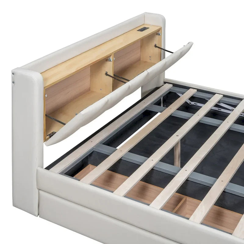 Lit Plateforme En Similicuir Beige/Gris Avec Rangement, Mère et Enfant, 2 Personnes