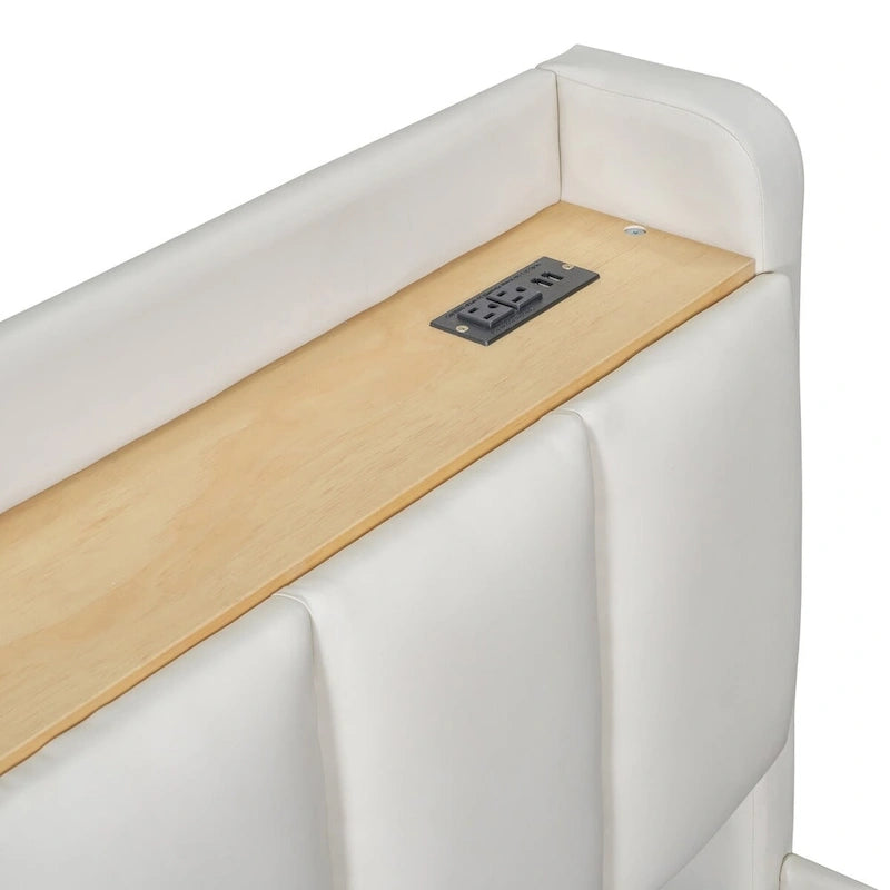 Lit Plateforme En Similicuir Beige/Gris Avec Rangement, Mère et Enfant, 2 Personnes