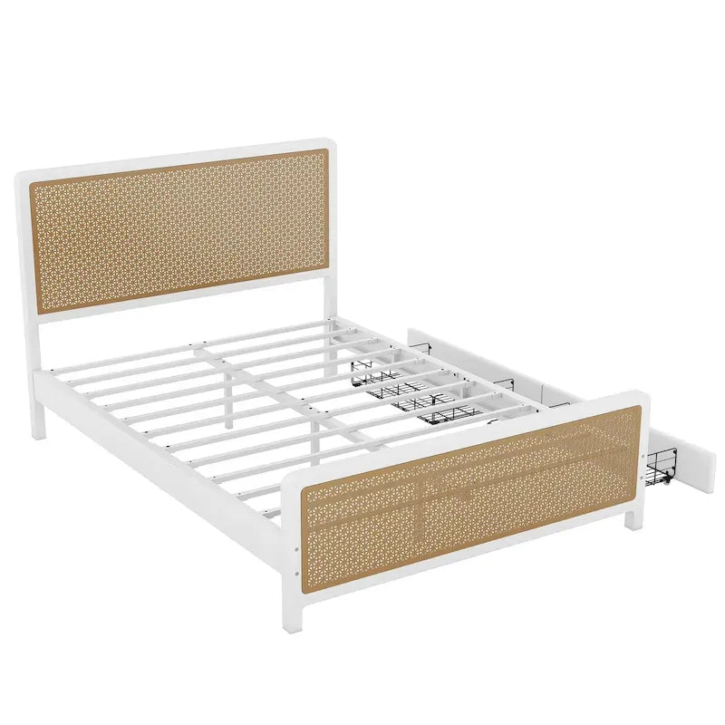 Lit plate-forme en métal blanc et doré avec 2 tiroirs, Queen, 2 couchages