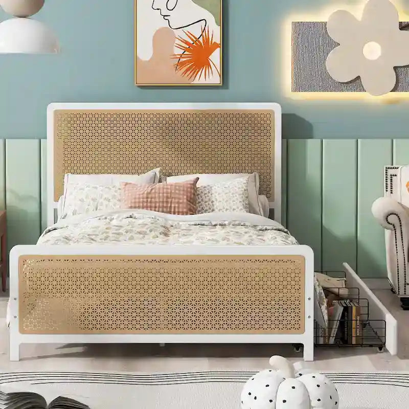 Lit plate-forme en métal blanc et doré avec 2 tiroirs, Queen, 2 couchages