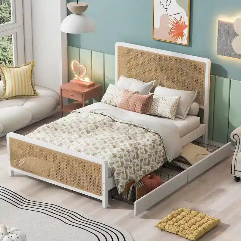 Lit plate-forme en métal blanc et doré avec 2 tiroirs, Queen, 2 couchages