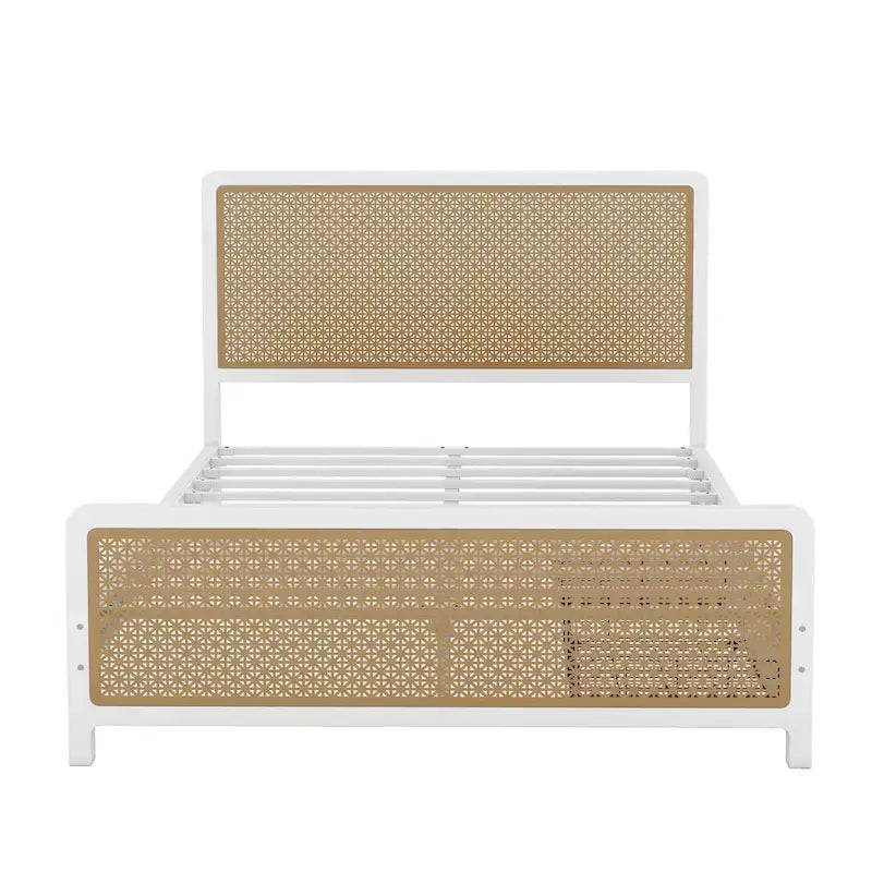 Lit plate-forme en métal blanc et doré avec 2 tiroirs, Queen, 2 couchages