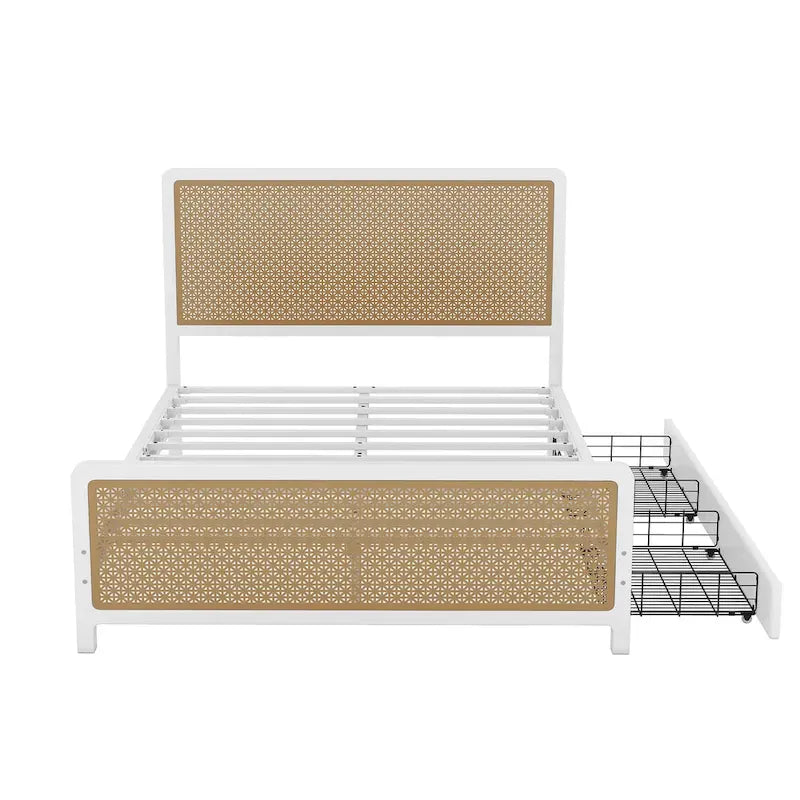 Lit plate-forme en métal blanc et doré avec 2 tiroirs, Queen, 2 couchages