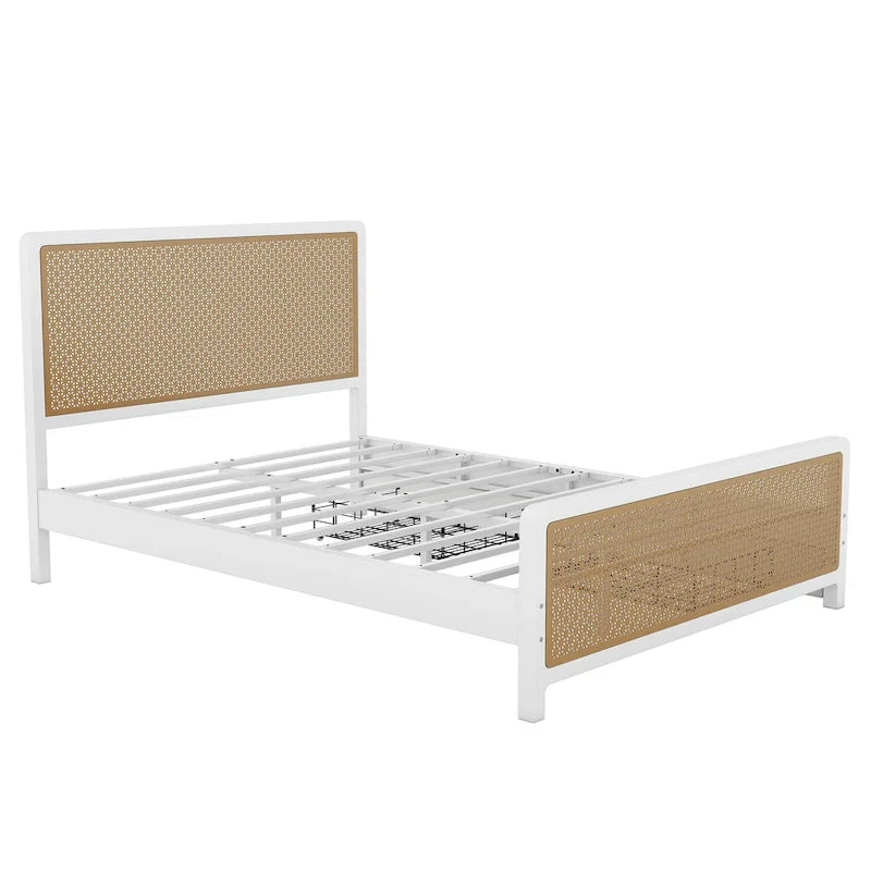 Lit plate-forme en métal blanc et doré avec 2 tiroirs, Queen, 2 couchages