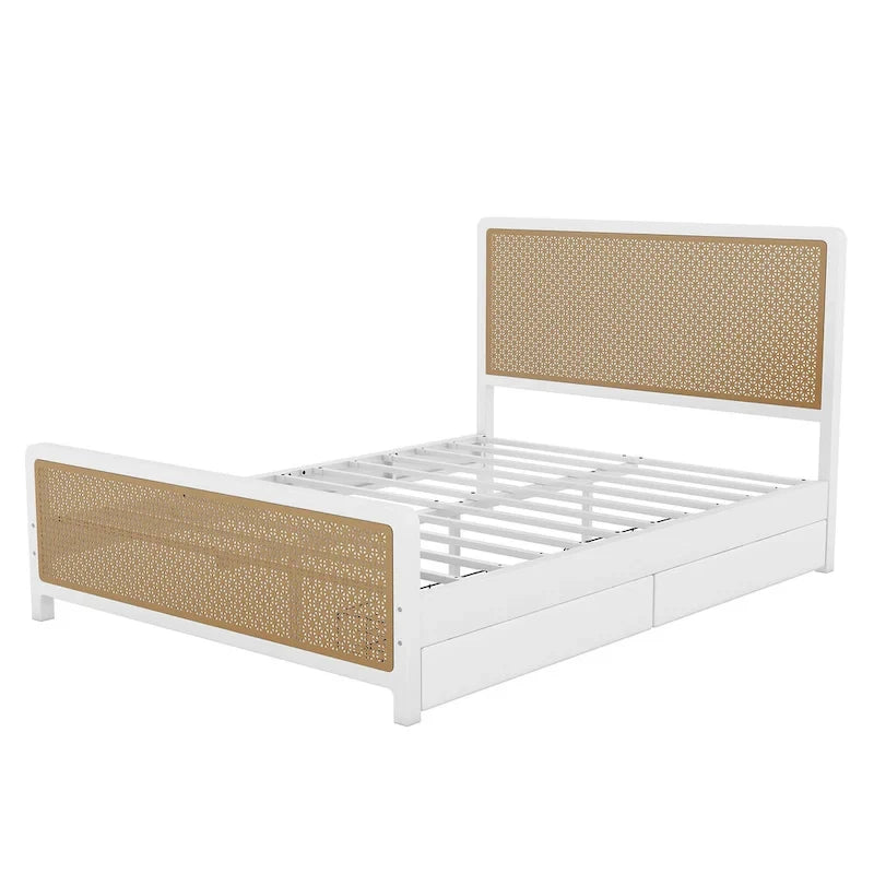 Lit plate-forme en métal blanc et doré avec 2 tiroirs, Queen, 2 couchages