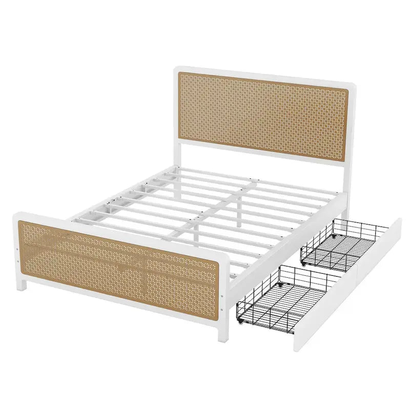 Lit plate-forme en métal blanc et doré avec 2 tiroirs, Queen, 2 couchages