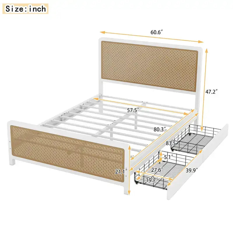 Lit plate-forme en métal blanc et doré avec 2 tiroirs, Queen, 2 couchages